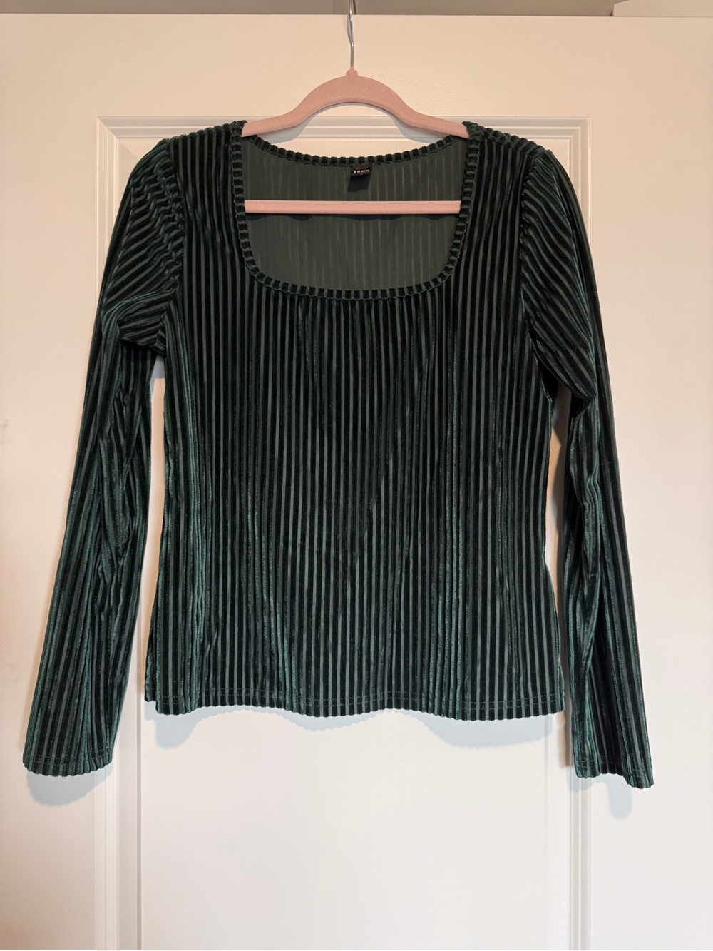 Dark Green Velvet Ribbed Long Sleeve Top